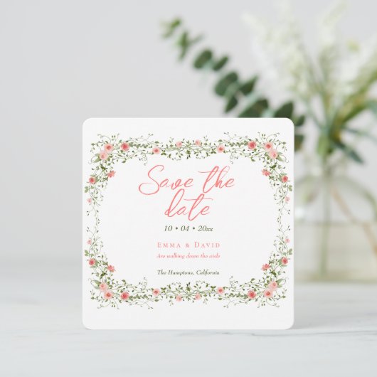 Chic Botanische Rozen Elegant Script Wedding Save The Date (Staand voorkant)