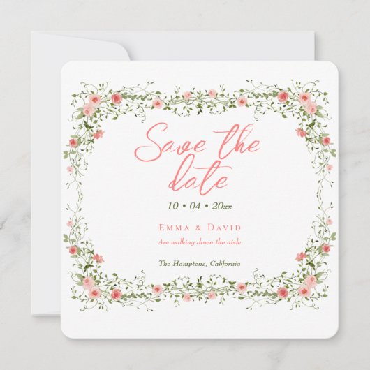 Chic Botanische Rozen Elegant Script Wedding Save The Date (Voorkant)