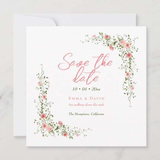 Chic Botanische Rozen Elegant Script Wedding Save The Date (Voorkant)