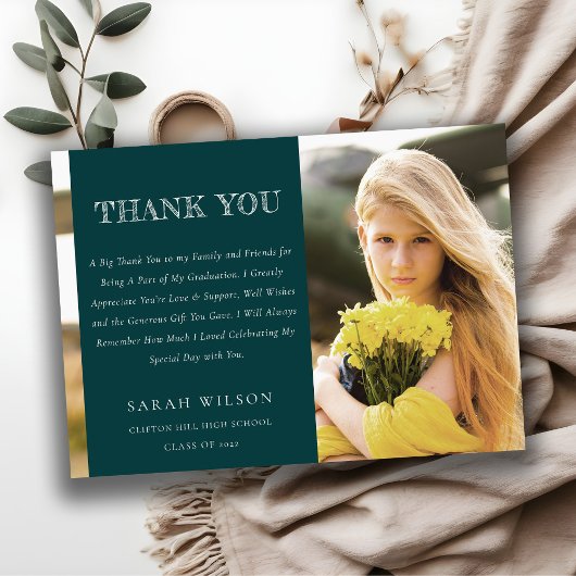 Chic Bottle Green Minimal Clean Photo Afstuderen Bedankkaart