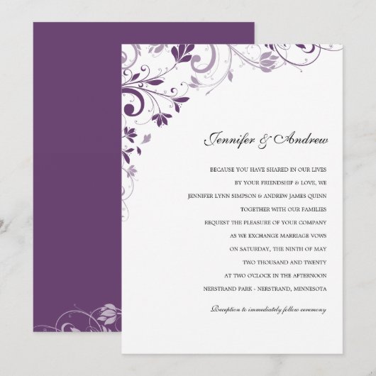 Chic Bouquet (Plum) Wedding Invitations Kaart (Voorkant / Achterkant)