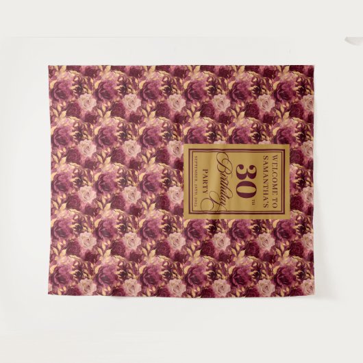 Chic Bourgogne Blush Gold 30 Verjaardag Party Bann Wandkleed (Voorkant (horizontaal))