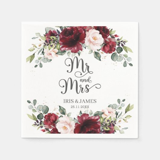 Chic Bourgogne Blush Roze Bloemen Huwelijk Mr. & M Servet (Voorkant)