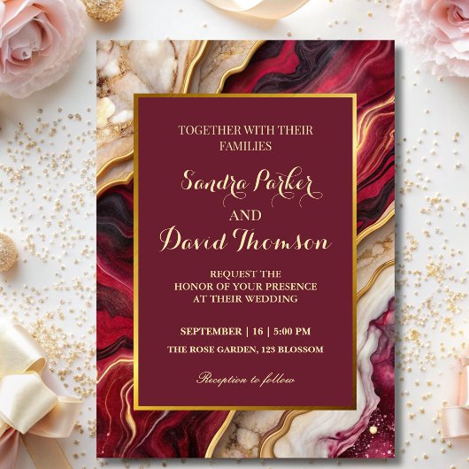 Chic Bourgogne Gold Agaat Marmeren Moderne bruilof Kaart