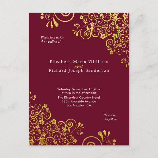 Chic Bourgogne Gold Wedding Invitation RSVP Briefkaart (Voorkant)