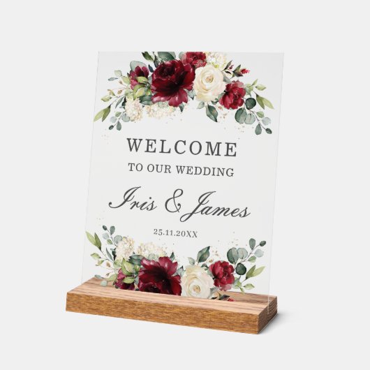 Chic Bourgogne Ivoor Bloemen Huwelijk Welkom Acryl Bord (Hoek)