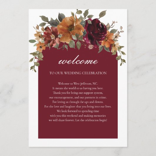 Chic Bourgogne Rust Bloemen Wedding Orde van het E Programmakaart (Achterkant)