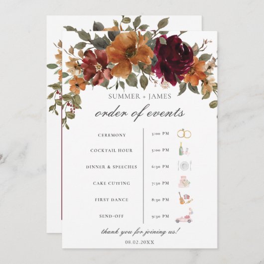 Chic Bourgogne Rust Bloemen Wedding Orde van het E Programmakaart (Voorkant / Achterkant)