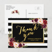 Chic Bourgondië Bloemen Goud Zwart Trouwen Bedankt Briefkaart (Voorkant / Achterkant)
