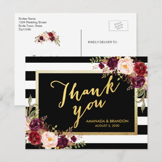 Chic Bourgondië Bloemen Goud Zwart Trouwen Bedankt Briefkaart (Voorkant / Achterkant)