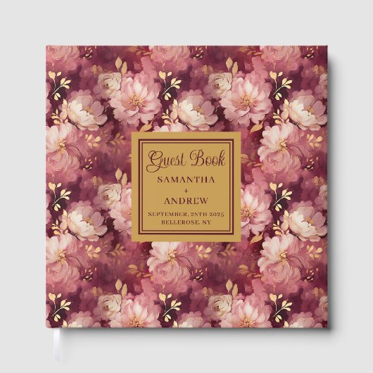 Chic Bourgondië Blush Gold Boho Wedding Guest Book Gastenboek (Voorkant)