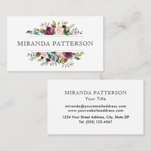 Chic Bourgondië en Roze Waterverf Bloemen Lijst Visitekaartje (Voorkant / Achterkant)