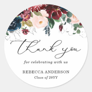 Chic Bourgondië Florals Script Dank u Afstuderen Ronde Sticker