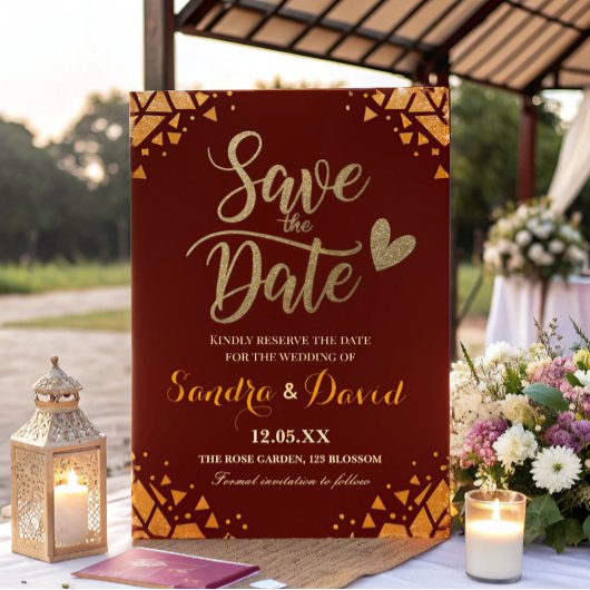 Chic Bourgondië Gouden glitter Moderne Trendy Huwe Save The Date