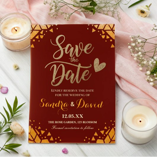 Chic Bourgondië Gouden glitter Moderne Trendy Huwe Save The Date