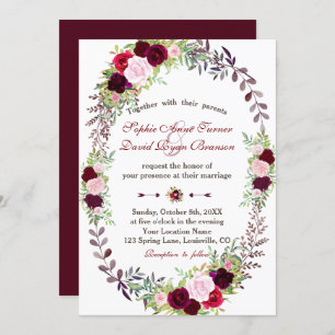 Chic Bourgondië Marsala Bloemen Krans Huwelijk Kaart