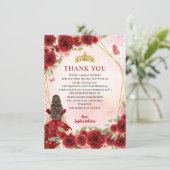 Chic Bourgondië Rood Goud Bloemen Prinses Quinceañ Bedankkaart (Staand voorkant)