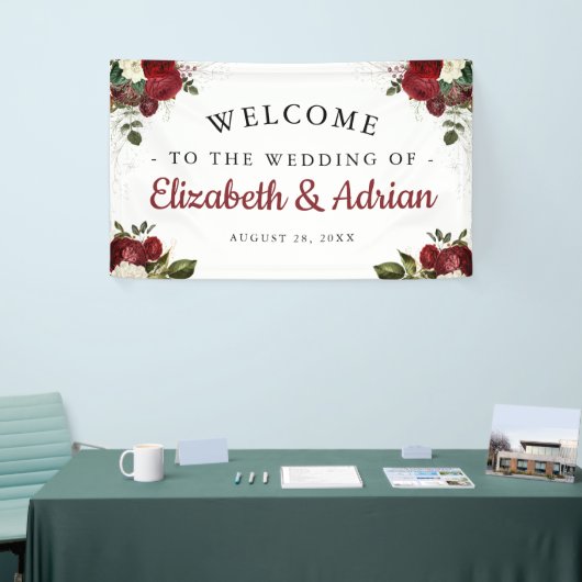 Chic Bourgondië & Witte Bloemen Welkom Huwelijk Spandoek (Beurs)