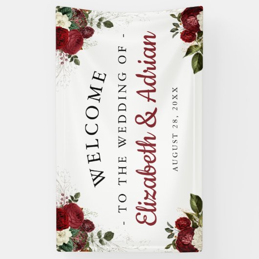 Chic Bourgondië & Witte Bloemen Welkom Huwelijk Spandoek (Verticaal)