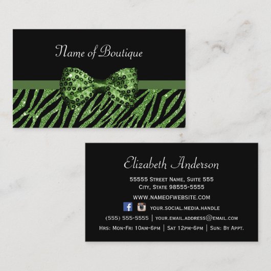 Chic Boutique Green Zebra FAUX Glitz Bow Visitekaartje (Voorkant / Achterkant)