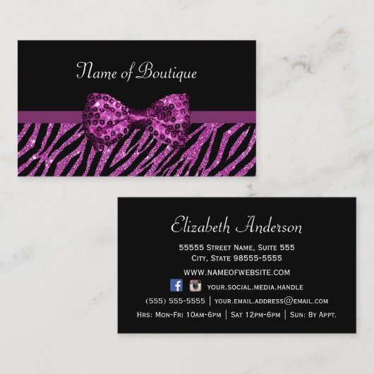 Chic Boutique Paarse Zebra Print FAUX Glitz Bow Visitekaartje (Voorkant / Achterkant)