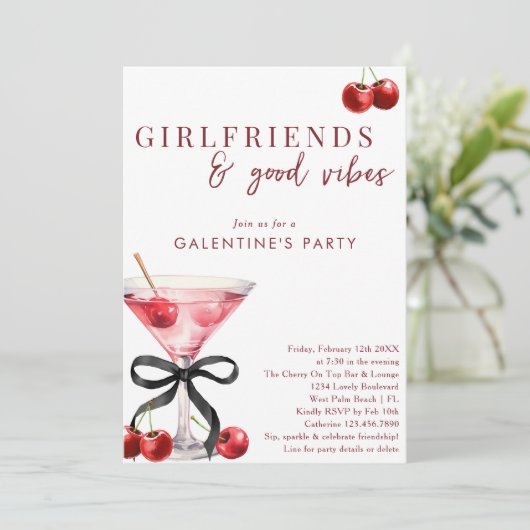 Chic Bow Cherry Martini Galentines Dinner Party Kaart (Staand voorkant)