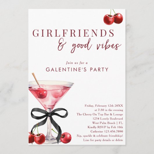 Chic Bow Cherry Martini Galentines Dinner Party Kaart (Voorkant)