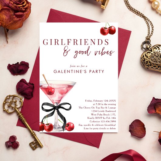 Chic Bow Cherry Martini Galentines Dinner Party Kaart