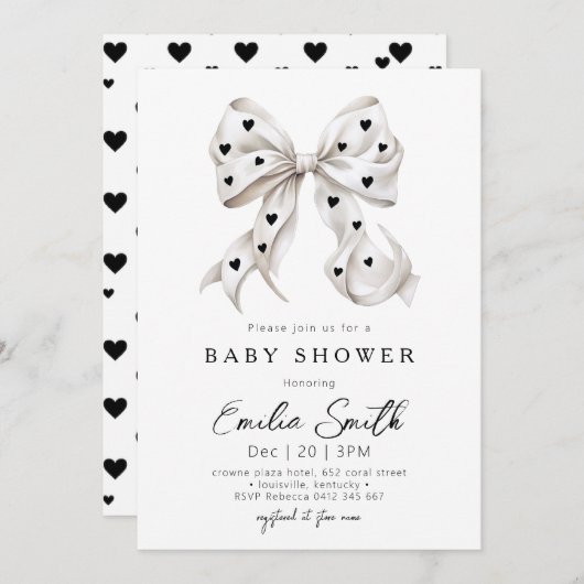 Chic Bow Coquette & hart Baby shower Kaart (Voorkant / Achterkant)