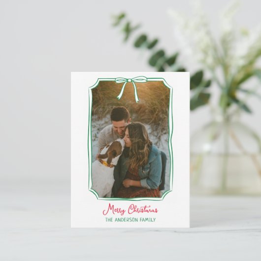 Chic Bow Custom Familie Foto Rood & Groen Kerstmis Feestdagenkaart (Staand voorkant)