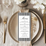 Chic Bow Minimalist Stripe Black White wedding Menu<br><div class="desc">Elevate your reception tablescape with this chic minimalist stripe green wedding menu, designed to bring elegance and modern sophistication to your special day. Featuring soft sage green stripes and refined minimalist typography, this menu card adds a timeless and stylish touch to your wedding décor. Perfect for garden weddings, botanical themes,...</div>