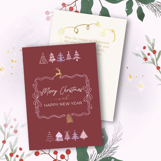 Chic Bow & Trees Doodle Deep Crimson Holiday Kaart