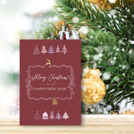 Chic Bow & Trees Doodle Deep Crimson Holiday Kaart