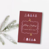 Chic Bow & Trees Doodle Deep Crimson Holiday Kaart