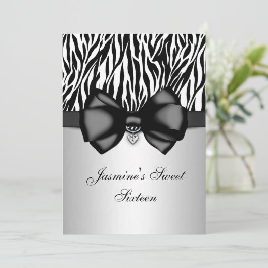 Chic Bowed Zebra Print 5 x 7 Invite [Silver] Kaart (Staand voorkant)