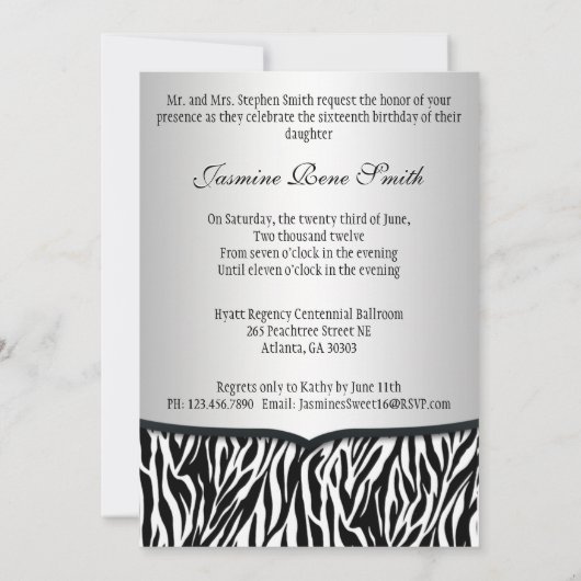 Chic Bowed Zebra Print 5 x 7 Invite [Silver] Kaart (Achterkant)