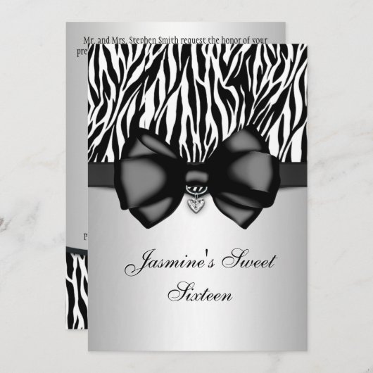 Chic Bowed Zebra Print 5 x 7 Invite [Silver] Kaart (Voorkant / Achterkant)