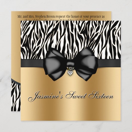 Chic Bowed Zebra Print Invite [Gold] Kaart (Voorkant / Achterkant)