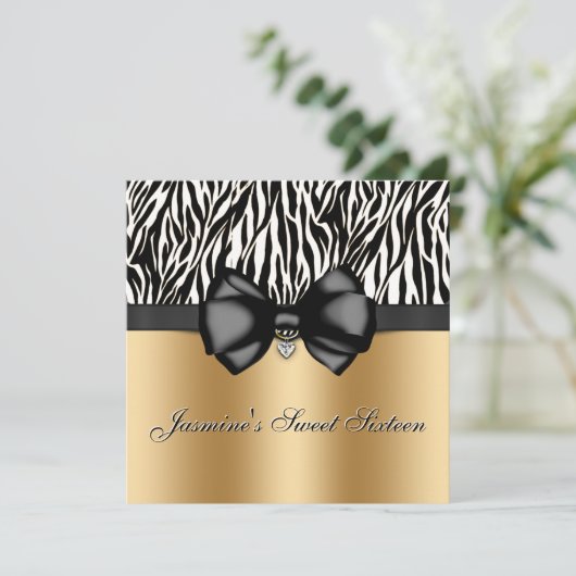 Chic Bowed Zebra Print Invite [Gold] Kaart (Staand voorkant)