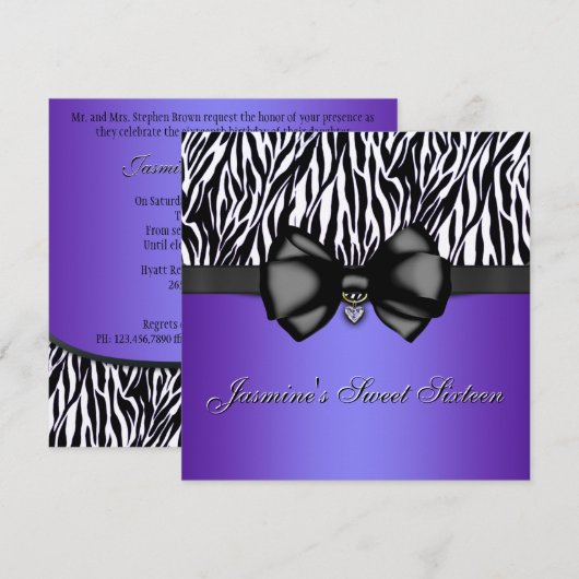 Chic Bowed Zebra Print Invite [Paars] Kaart (Voorkant / Achterkant)