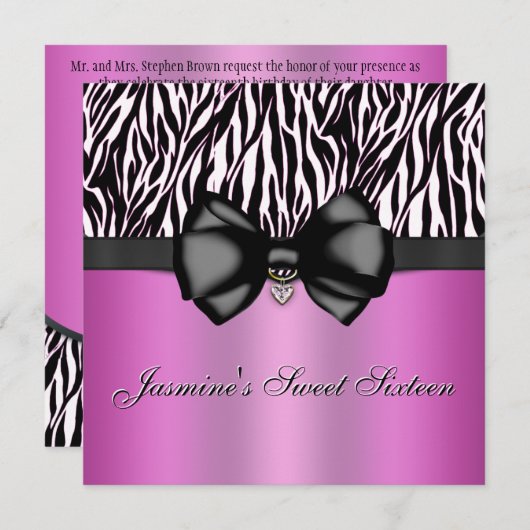 Chic Bowed Zebra Print Invite [Roze] Kaart (Voorkant / Achterkant)