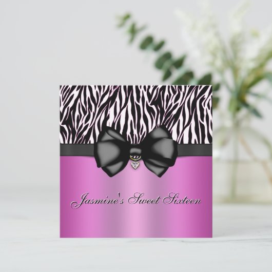 Chic Bowed Zebra Print Invite [Roze] Kaart (Staand voorkant)