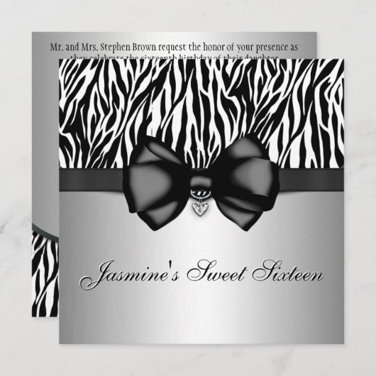 Chic Bowed Zebra Print Invite [Silver] Kaart (Voorkant / Achterkant)