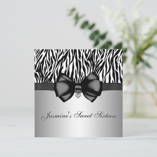 Chic Bowed Zebra Print Invite [Silver] Kaart (Staand voorkant)