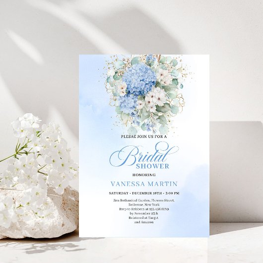 Chic Bridal Shower Blue Hydrangeas Gold Invitation Kaart