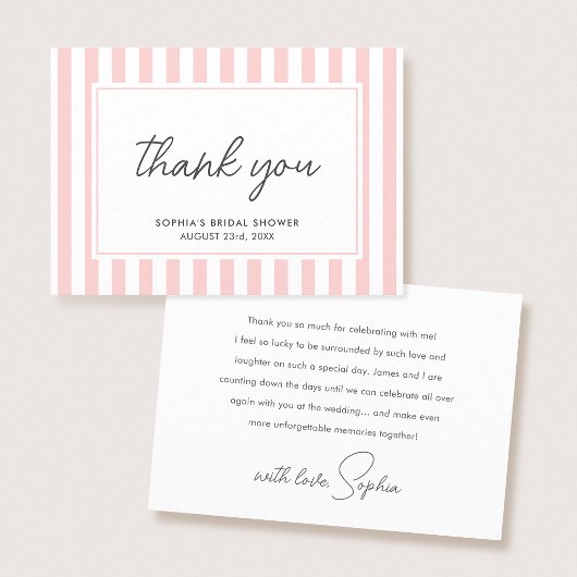 Chic Bridal Shower Modern Script Pink Stripes Bedankkaart