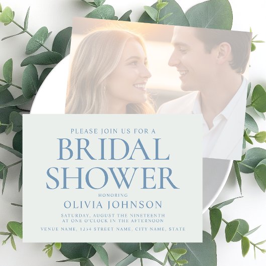 Chic Bridal Shower Photo Typography Pale Blue Kaart