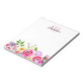 Chic Bright Pink Paarse Floral Monogrammed Notitieblok (Linkerzijde)