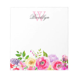 Chic Bright Pink Paarse Floral Monogrammed Notitieblok