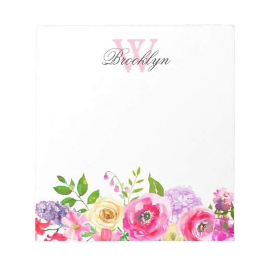 Chic Bright Pink Paarse Floral Monogrammed Notitieblok (Voorkant)